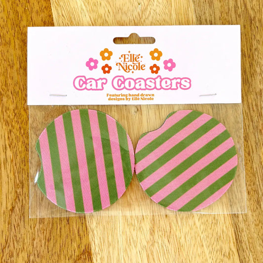 GREEN & PINK STRIPED - CAR COASTERS