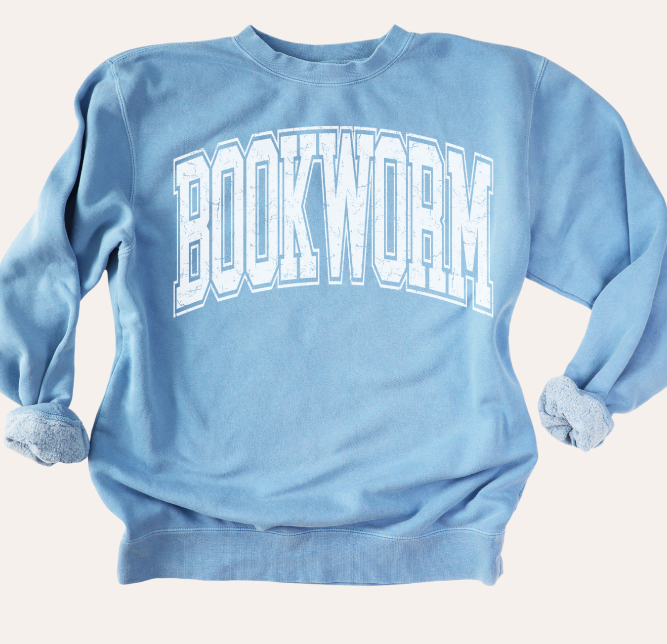 Light blue sweatshirt with 'BOOKWORM' text on a white background